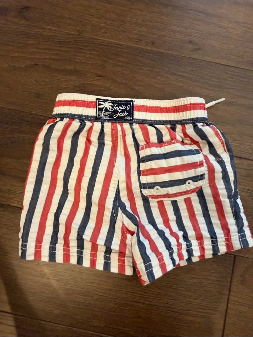 Janie & Jack Red, White & Blue Striped Swim Trunks Size 6-12 Months - C52-022